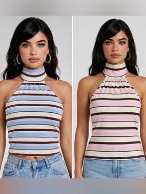 NWOT Woman’s Striped Halter Neck Bareback Top in M- Pink or Blue Options